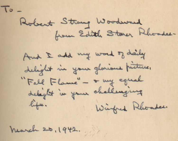 Personalized note to RSW by Edith Storer Rhoades and Winfred Rhoades inside the front cover of The Great Adventure of Living 